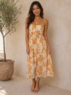 SIM & SAM 100% Cotton Floral Midi Dress NWT Small Orange White Ruched
